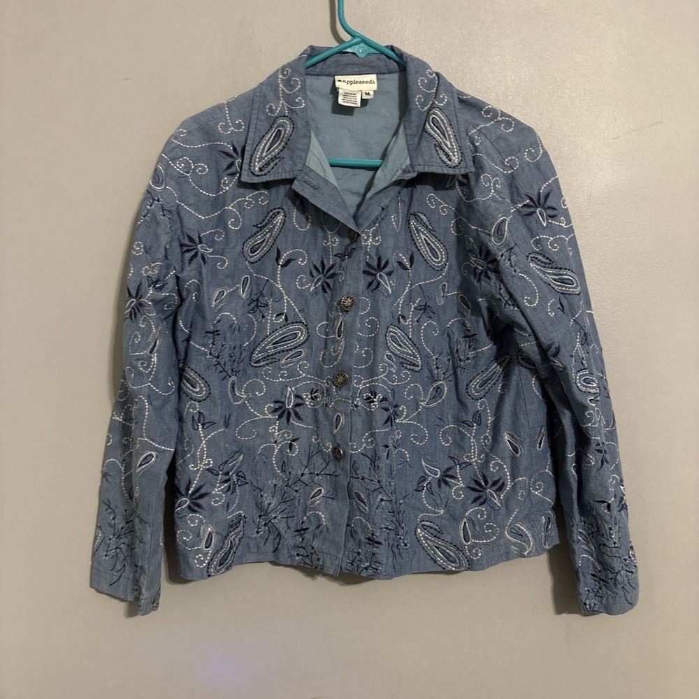 Appleseeds Womens Sz Med Floral Jacket Blue Long Sleeve Button Front Vintage